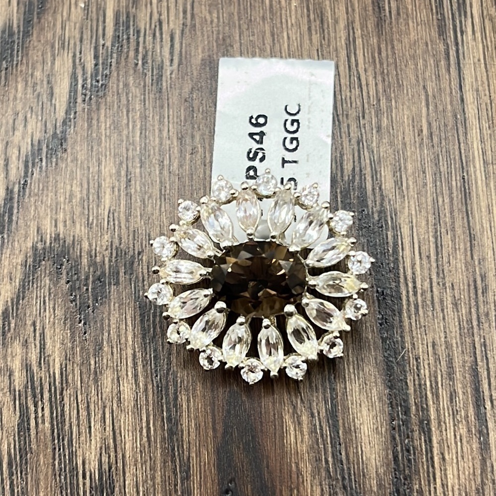 Sterling Silver Smokey Quartz Pendant White Topaz Circular Pendant Beautiful
